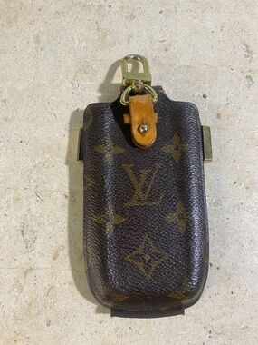 Louis Vuitton Monogram Canvas Phone Holster with Tan Strap and Gold Hardware